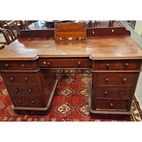 464 - Victorian mahogany twin pedestal break front desk with associated low back. 151x70x86cm approx. toge... 