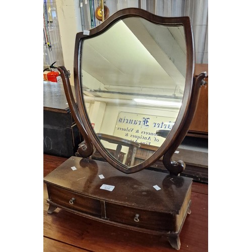 429 - Georgian style mahogany shield shaped dressing table mirror with two drawer base on bracket feet. (B... 