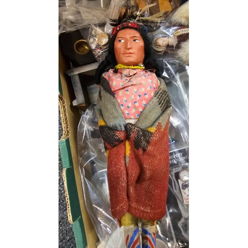 346 - Box comprising various miniature dolls, including a Skookum Indian doll, with many doll's house acce... 