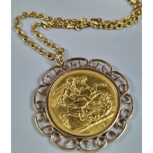 105 - Late Victorian gold full Sovereign in 9ct gold mount on a 9ct gold chain. The chain 55cm long approx... 