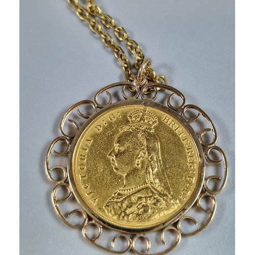 105 - Late Victorian gold full Sovereign in 9ct gold mount on a 9ct gold chain. The chain 55cm long approx... 