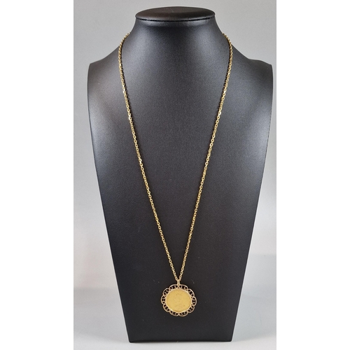 105 - Late Victorian gold full Sovereign in 9ct gold mount on a 9ct gold chain. The chain 55cm long approx... 