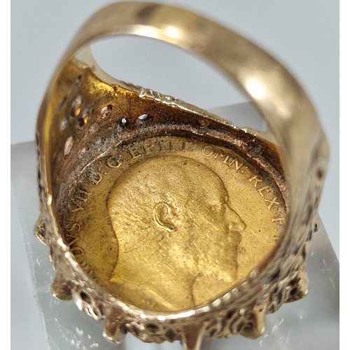 113 - Edward VII gold half Sovereign dated 1909 in pierced foliate ring mount. 9.5g approx. (B.P. 21% + VA... 