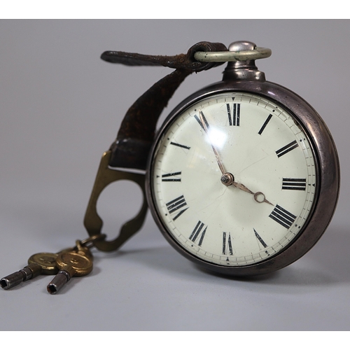 116 - 19th century silver pair cased pocket watch, having Roman enamel face and Fusee movement with foliat... 