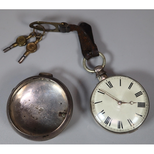 116 - 19th century silver pair cased pocket watch, having Roman enamel face and Fusee movement with foliat... 