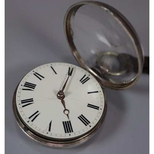 116 - 19th century silver pair cased pocket watch, having Roman enamel face and Fusee movement with foliat... 