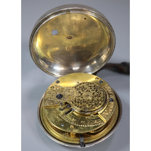 116 - 19th century silver pair cased pocket watch, having Roman enamel face and Fusee movement with foliat... 