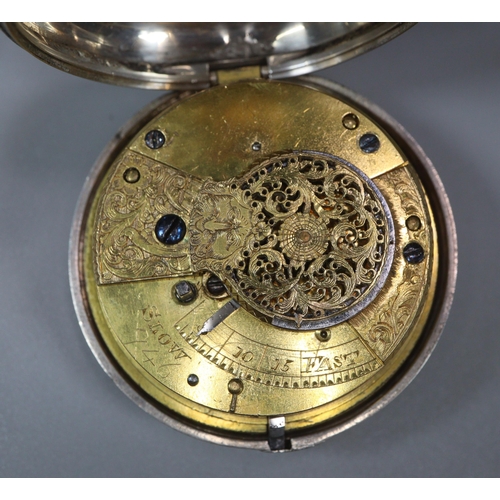 116 - 19th century silver pair cased pocket watch, having Roman enamel face and Fusee movement with foliat... 