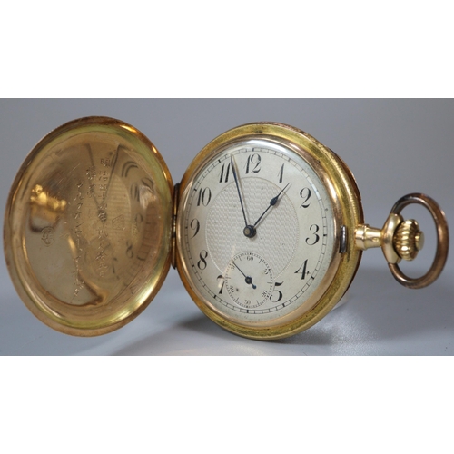 117 - 14ct gold fancy full hunter gentleman's keyless pocket watch, the case with gothic design arcaded de... 