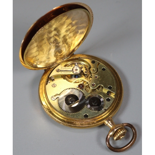 117 - 14ct gold fancy full hunter gentleman's keyless pocket watch, the case with gothic design arcaded de... 