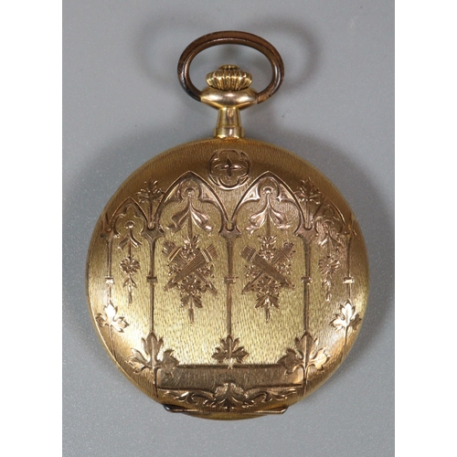 117 - 14ct gold fancy full hunter gentleman's keyless pocket watch, the case with gothic design arcaded de... 