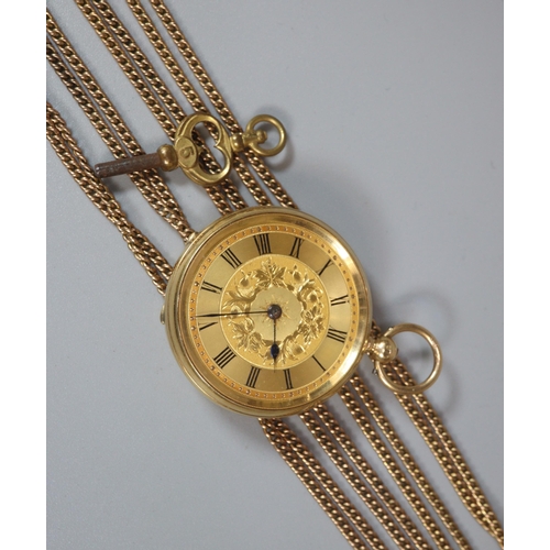 119 - 18ct gold keyless fancy open faced fob watch with engine turned Roman dial. 4cm diameter approx.  57... 