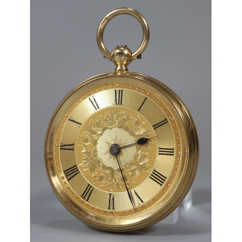 119 - 18ct gold keyless fancy open faced fob watch with engine turned Roman dial. 4cm diameter approx.  57... 