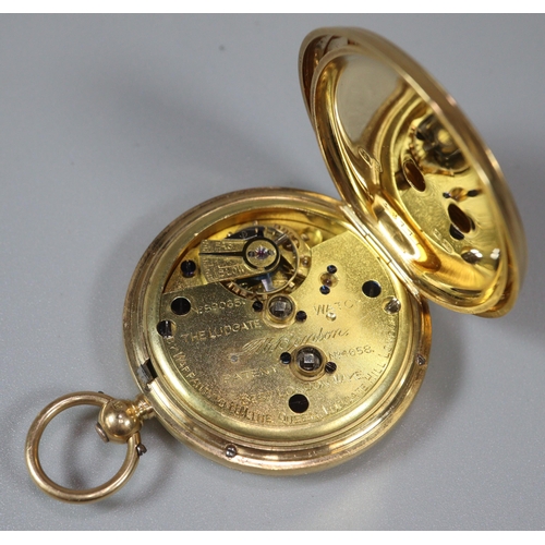 119 - 18ct gold keyless fancy open faced fob watch with engine turned Roman dial. 4cm diameter approx.  57... 