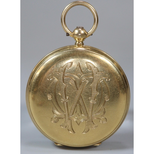 119 - 18ct gold keyless fancy open faced fob watch with engine turned Roman dial. 4cm diameter approx.  57... 