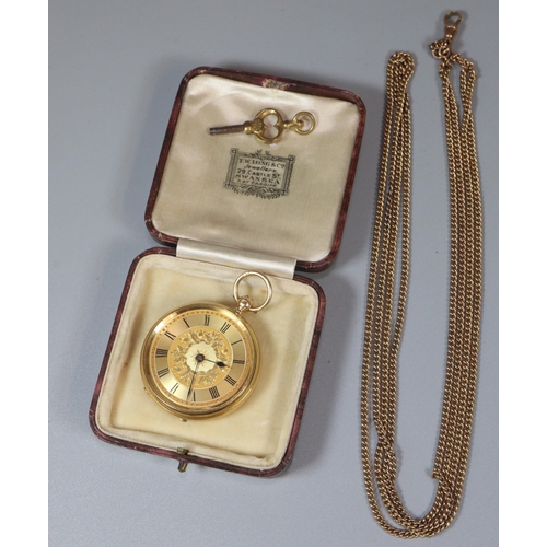 119 - 18ct gold keyless fancy open faced fob watch with engine turned Roman dial. 4cm diameter approx.  57... 