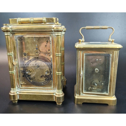 12 - Two French brass carriage clocks to include large version with circular Roman face and projecting pi... 