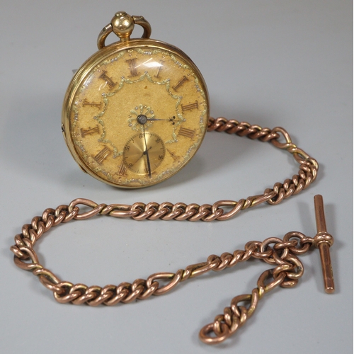 120 - 19th century Irish 18ct gold open faced fancy pocket watch, having Roman face with seconds dial.  Ha... 