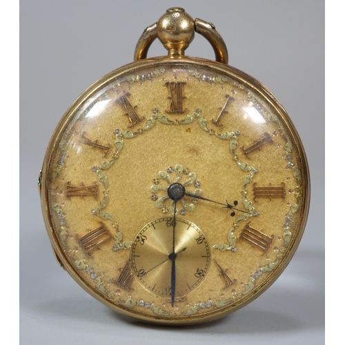 120 - 19th century Irish 18ct gold open faced fancy pocket watch, having Roman face with seconds dial.  Ha... 