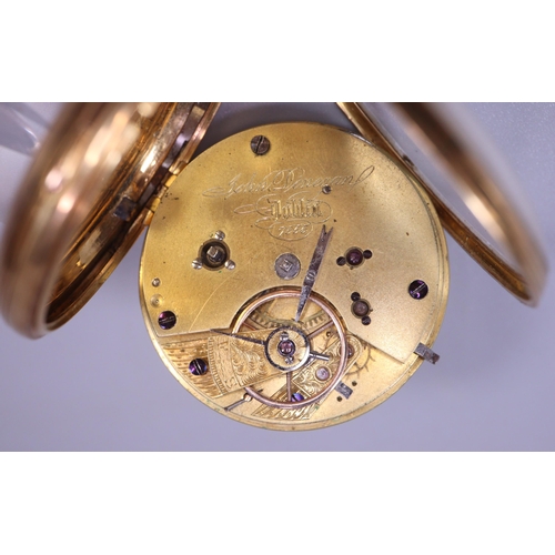 120 - 19th century Irish 18ct gold open faced fancy pocket watch, having Roman face with seconds dial.  Ha... 