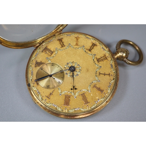 120 - 19th century Irish 18ct gold open faced fancy pocket watch, having Roman face with seconds dial.  Ha... 