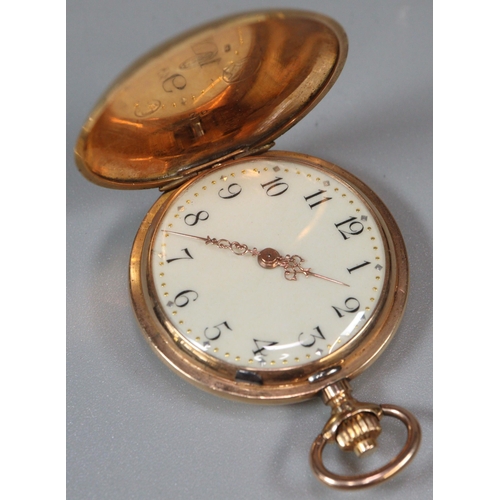 121 - 14ct gold French ladies' full hunter keyless fob watch, with Arabic face.  3.2cm diameter approx. 22... 