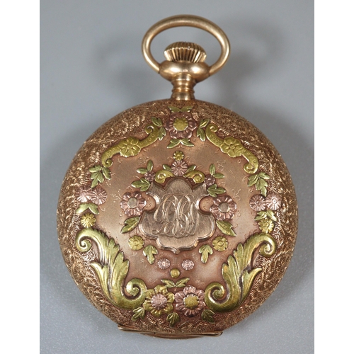 122 - 14ct gold Waltham fancy full hunter pocket watch, the case overall with relief foliate decoration, i... 