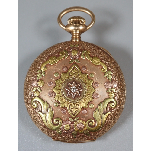 122 - 14ct gold Waltham fancy full hunter pocket watch, the case overall with relief foliate decoration, i... 