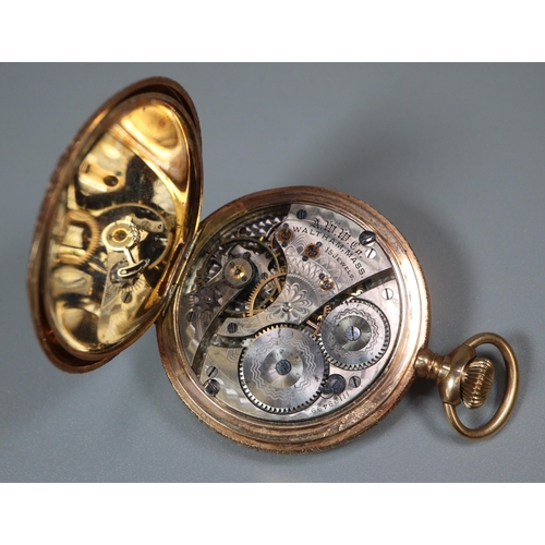 122 - 14ct gold Waltham fancy full hunter pocket watch, the case overall with relief foliate decoration, i... 