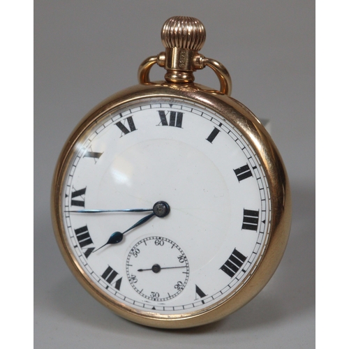 123 - 9ct gold keyless open faced gentleman's pocket watch with Roman face, having seconds dial, and Swiss... 