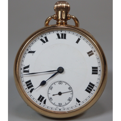 123 - 9ct gold keyless open faced gentleman's pocket watch with Roman face, having seconds dial, and Swiss... 