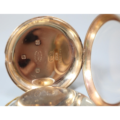 123 - 9ct gold keyless open faced gentleman's pocket watch with Roman face, having seconds dial, and Swiss... 