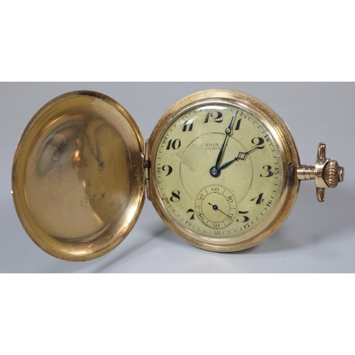 124 - 14ct gold engine turned full hunter keyless gentleman's pocket watch, having Arabic face with second... 