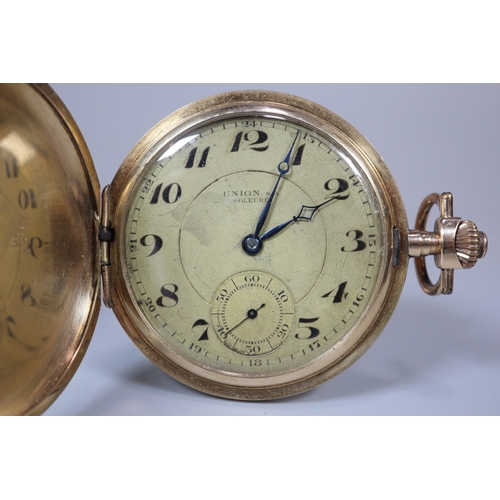 124 - 14ct gold engine turned full hunter keyless gentleman's pocket watch, having Arabic face with second... 