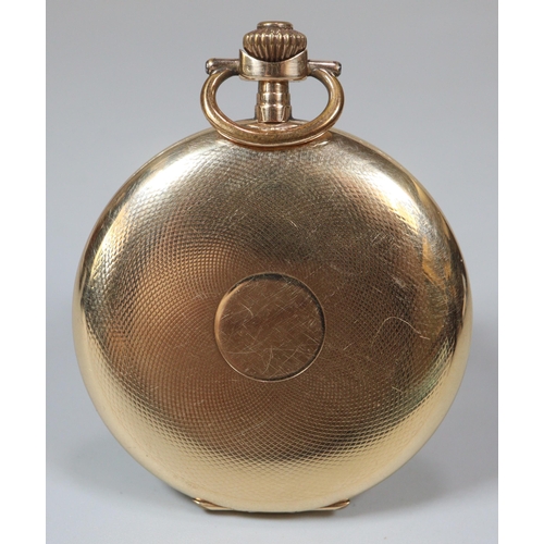 124 - 14ct gold engine turned full hunter keyless gentleman's pocket watch, having Arabic face with second... 