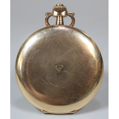 124 - 14ct gold engine turned full hunter keyless gentleman's pocket watch, having Arabic face with second... 