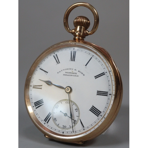 125 - 9ct gold open faced keyless gentleman's pocket watch, having Roman face with seconds dial and marked... 