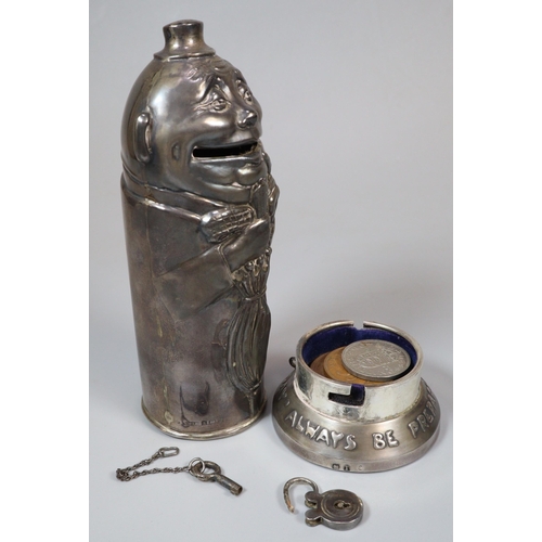 13 - George V silver novelty moneybox, in the form of a gentleman with top hat and umbrella with motto 'A... 