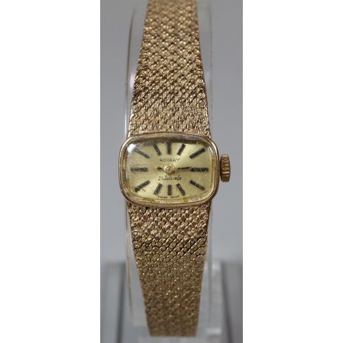 131 - Rotary 9ct gold ladies' oval faced bracelet cocktail watch, having satin face with Baton numerals on... 