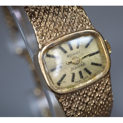 131 - Rotary 9ct gold ladies' oval faced bracelet cocktail watch, having satin face with Baton numerals on... 