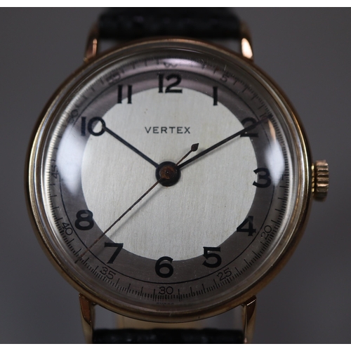 132 - Vertex 9ct gold vintage gentleman's wristwatch with Arabic numerals to the silvered face, having cen... 