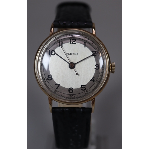 132 - Vertex 9ct gold vintage gentleman's wristwatch with Arabic numerals to the silvered face, having cen... 