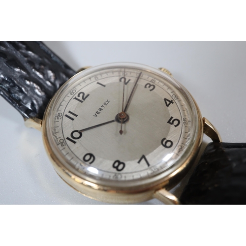 132 - Vertex 9ct gold vintage gentleman's wristwatch with Arabic numerals to the silvered face, having cen... 