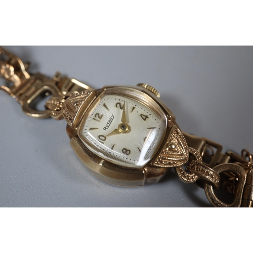 137 - Rotary 9ct gold ladies' bracelet cocktail watch, having Baton and Arabic numerals on fancy pierced g... 