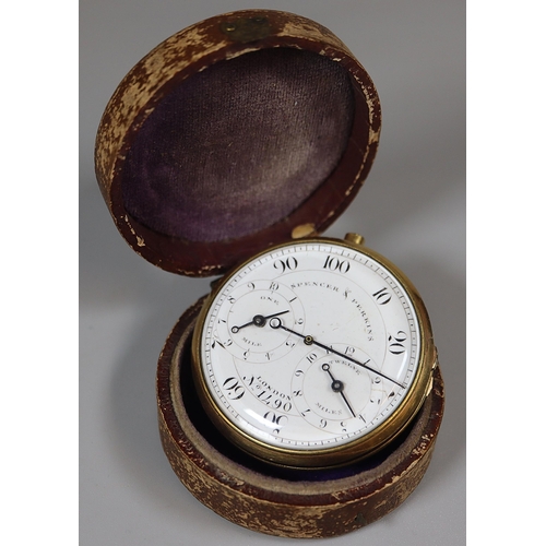 139 - George III gilt metal pedometer by Spencer and Perkins of London No 1490, in original distressed lea... 