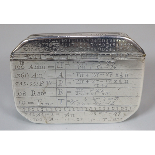 140 - Unusual Queen Anne white metal box engraved with mathematical equations relating to watch making and... 