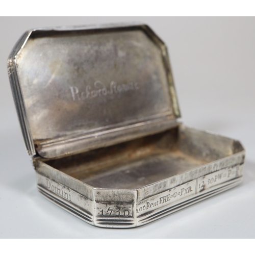 140 - Unusual Queen Anne white metal box engraved with mathematical equations relating to watch making and... 