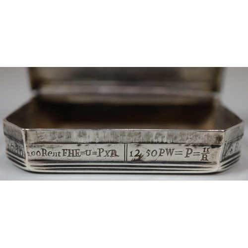 140 - Unusual Queen Anne white metal box engraved with mathematical equations relating to watch making and... 