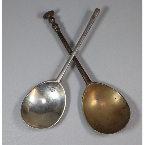 143A - Rare James I silver spoon together with another James I probably brass old pattern spoon, the silver... 