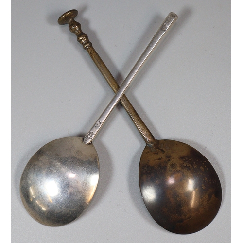 143A - Rare James I silver spoon together with another James I probably brass old pattern spoon, the silver... 